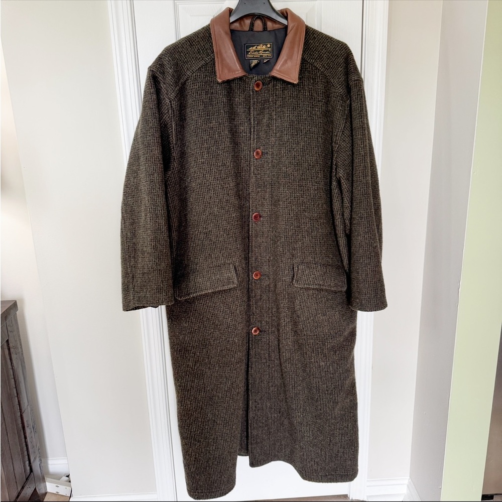 Vtg Eddie Bauer Wool Overcoat Mens Multi Brown Green Herringbone Leather Collar
